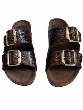 PENELOPE CHILVERS Bahamas Moc Croc Pool Slide Bitter Chocolate Gold Buckles 38 7